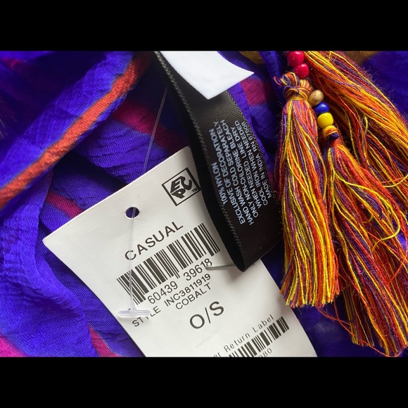 INC International Concepts Tie Dyed Stripes Bias Cobalt Tassel Scarf - Picture 6 of 6